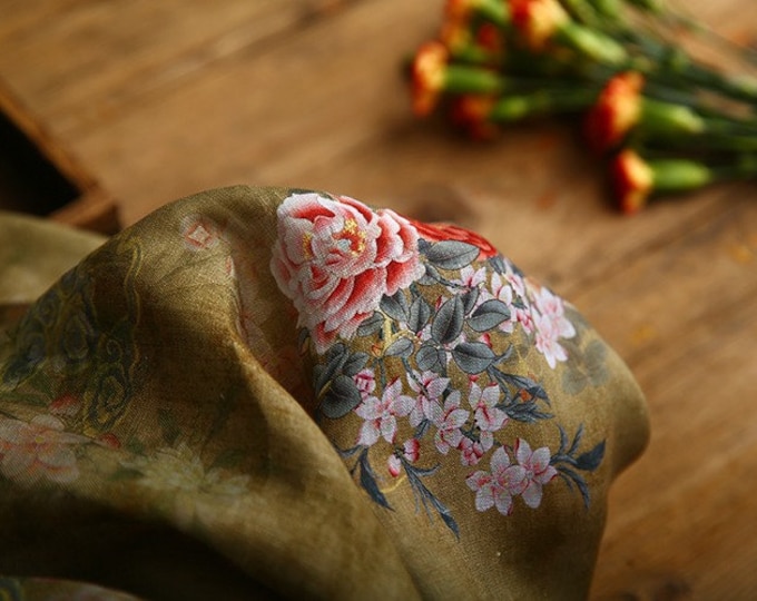 Dunhuang peony flower printed pure Ramie Fabric, 57“W, Upholstery, Decor, Costume, Curtain, Handbag, Sewing, Scarf/Fabric by the meter