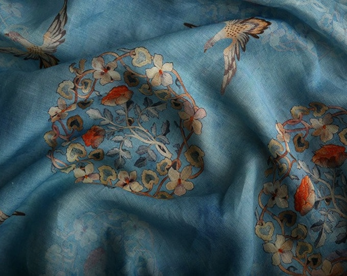 Turquoise ink painting printed pure Ramie Fabric, 57“W, Upholstery, Decor, Costume, Curtain, Handbag, Sewing, Scarf/Fabric by the meter