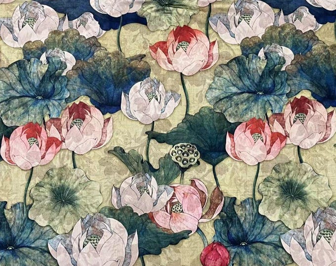 59"W Ancient lotus Tea silk satin fabric, Digital print, Upholstery, Decor, Costume, Curtain, bag, Sewing, drapery, DIY, cheongsam/Fabric
