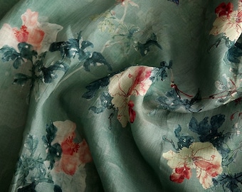 Floral Printed Ramie Fabric: Asian Style Sewing Material, 57"W