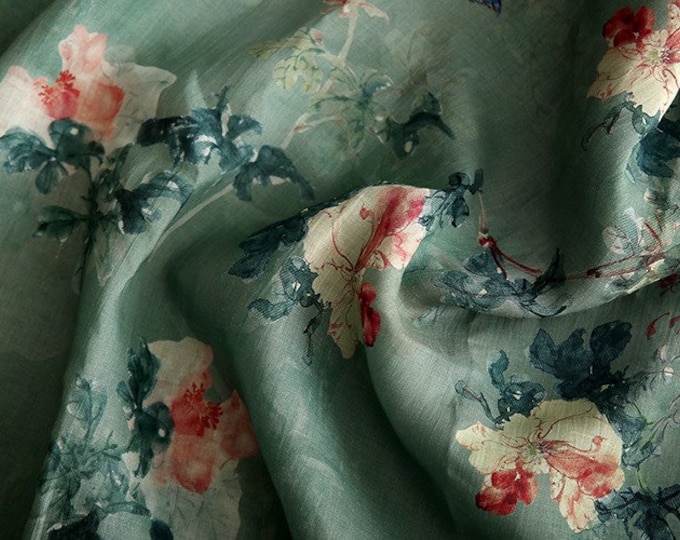Asian Ethnic style printed pure Ramie Fabric, 57“W, Upholstery, Decor, Costume, Curtain, Handbag, Sewing, Scarf/Fabric by the meter