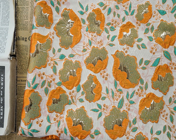 Orange 3D flower jacquard Designer fabric, 59"W, Upholstery, Decor, Costume, Curtain, Handbag, Sewing, DIY, Clothing, Cosplay, DIY/Fabric