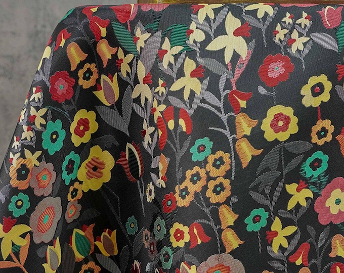 Vintage Black Floral Jacquard Fabric: Cottagecore Dress & Home Decor (65" Wide, By The Meter)