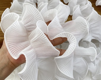 White Folding Lace Trim Pleated ruffled fabric, Designer Fabric, Lolita, cuff, Events, Decor, skirt, wedding, Baby/fabric, 3.5" Width