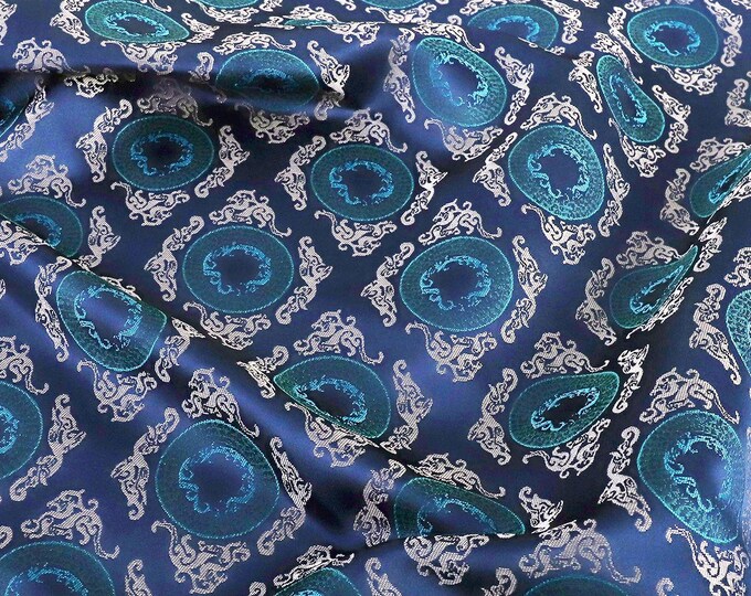 59" Song Brocade, Zen flower, Navy blue Brocade, Emperor Tibetan, Upholstery, Decor, Costume, Curtain, Handbag, Sewing/Fabric by the meter