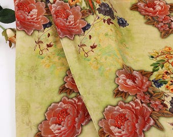 Peony Floral Rayon Silk Fabric: Chinese Print Dressmaking Material, 59" Wide