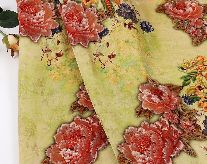 Peony Floral Rayon Silk Fabric: Chinese Print Dressmaking Material, 59" Wide