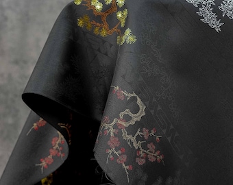 Brocade Fabric with Pine, Bamboo, and Plum Design – Gold Thread Jacquard, Traditional Pattern, Luxury Textile for Fashion & Upholstery