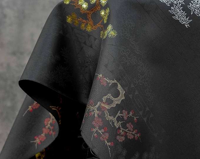 Brocade Fabric with Pine, Bamboo, and Plum Design – Gold Thread Jacquard, Traditional Pattern, Luxury Textile for Fashion & Upholstery
