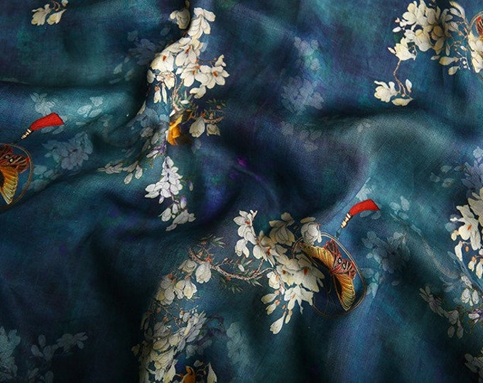 Jade green ink painting printed pure Ramie Fabric, 57“W, Upholstery, Decor, Costume, Curtain, Handbag, Sewing, Scarf/Fabric by the meter