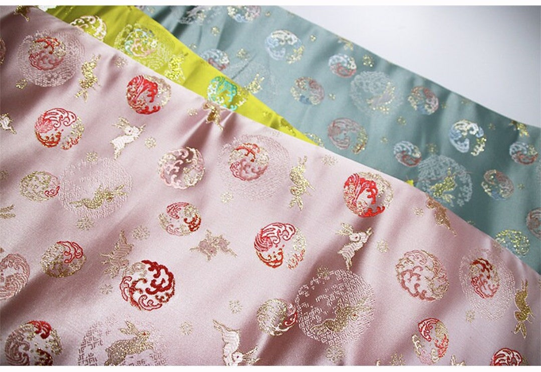 57 W Japanese Silk Brocade Fabric, Rabbit Jacquard Damask Fabric