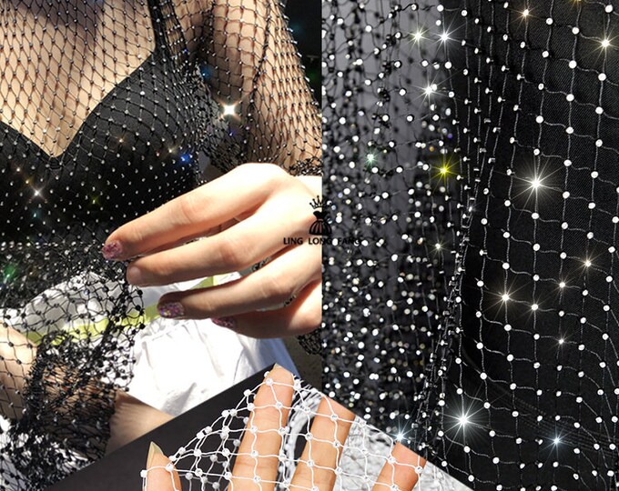 5"W Gorgeous Bling Galaxy Mesh see-through Wedding Fabric, Luxury Designer, Sewing Fabric, Sequins Symphony HotFix Rhinestones, 2 Colors