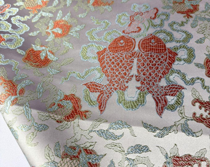 Shiny 57"W Double fish Jacquard Satin Fabric, Brocade Fabrics By The Meters, Handbag Antique Cheongsam, Sewing, home decor, DIY Fabric