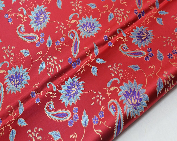 35"W Red Silk Brocade Fabric Peony Flower Design, Wedding Fabric,Chinese Silk Fabric By 1 Meter on SALE