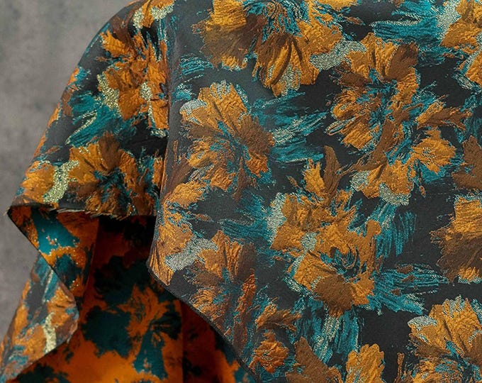 Floral Jacquard Fabric | 3D Embossed Gold Thread, 61" Wide