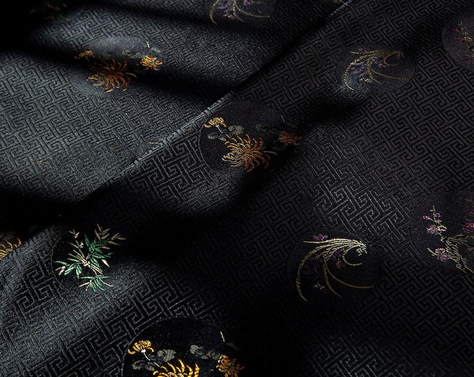 Black Plum and bamboo brocade Fabric,  satin brocade, Embroidery black chrysanthemum pattern, 29.5"W Upholstery, Quilting and Sewing fabric