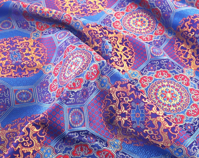 59"W Auspicious Baoxiang flower Thangka Embroidered Fabric Mounts Tibetan Traditional Robes,Shrines Enshrines Buddhist Brocade Fabric