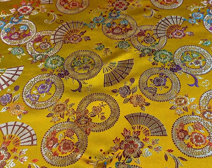 59"W Japanese-style belt Nishijin brocade gold 襕 fabric しだれ桜に Snow wheel fan silk brocade fabric by the meter, Upholstery and Sewing