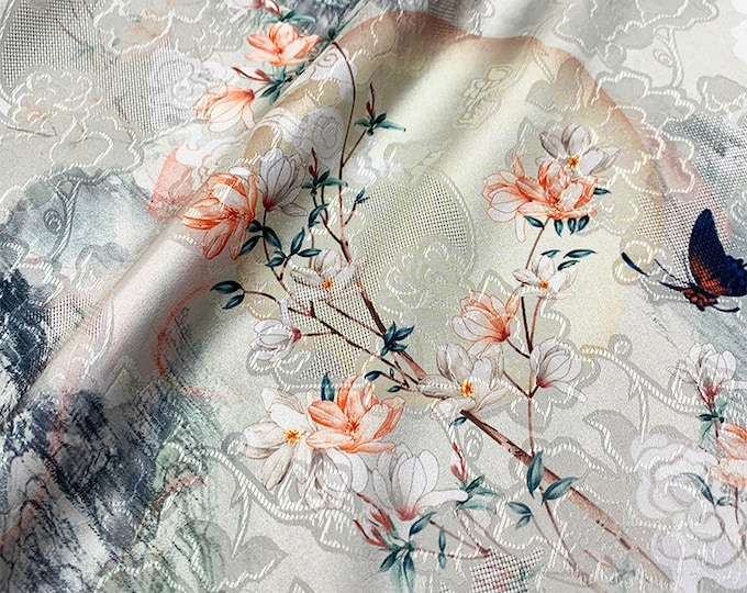 55"W ancient painting flower dill botanical print fabric, Shawl, Upholstery, Decor, Costume, Curtain, Handbag, Sewing/Fabric by the meter