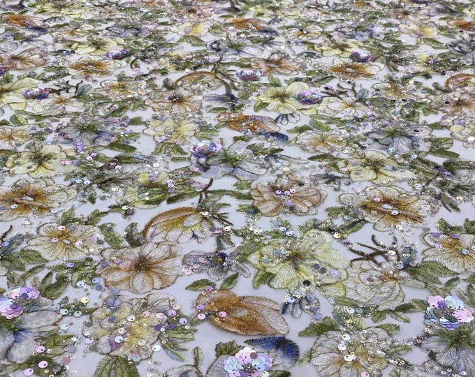 50"W Colorful Beautiful rose embroidery sequin fabric, skirt, dress, wedding, prom, Evening Dress & Cheongsam, see-through Creative Fabric