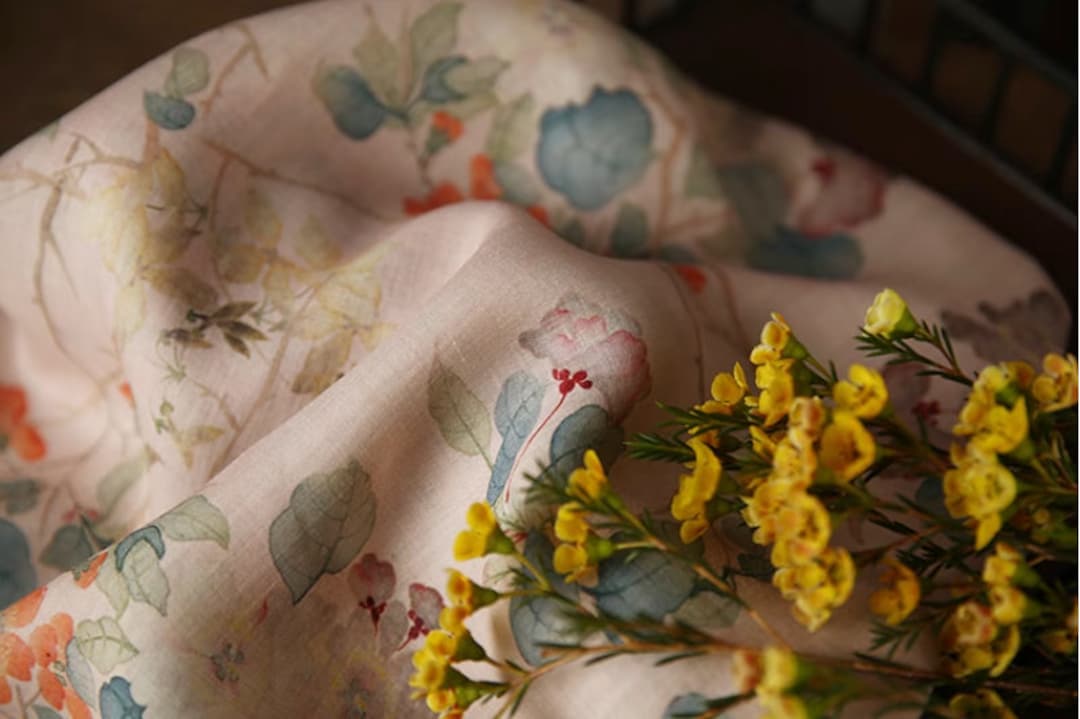 Floral Ramie Fabric: Dunhuang Ink Print, Natural Fiber, 57