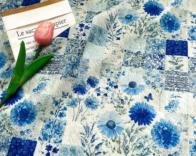 Blue Floral Cotton Fabric: 20s Print, Quilting, Dressmaking - 55" Wide