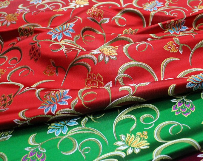 29.5” Width Sweet Japanese Fabric, 3 colors Japanese Lotus Jacquard silk brocade by meter, Red, Green, Hot Pink On SALE