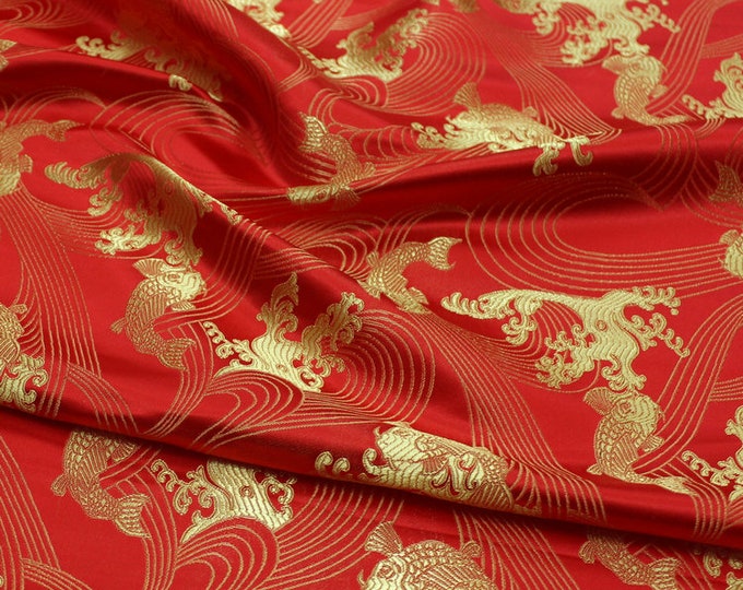 29.5"W High-grade Golden Fish Over weave Chinese Silk Brocade Fabric Home Decor, Table cloth, bed runner, pillow case Cheongsam Fabric