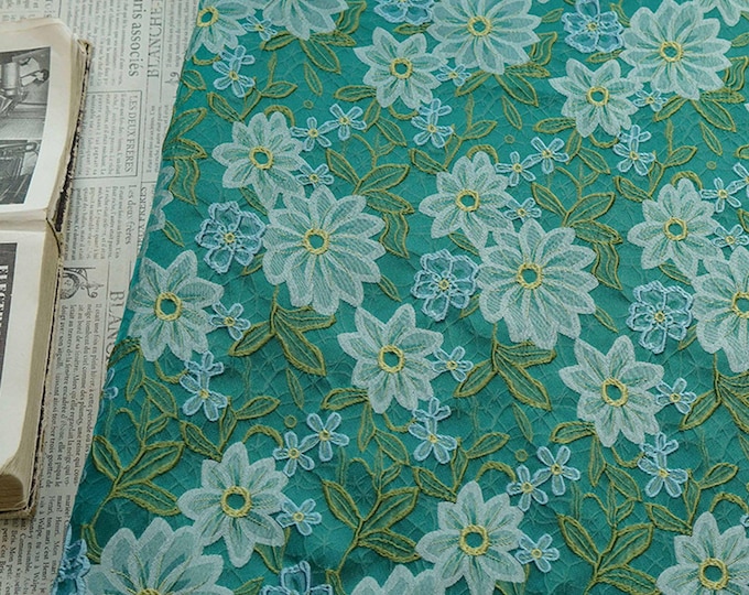 Jade Green Bellflower Jacquard Fabric: Vintage Cottagecore Woven Floral, 56"W