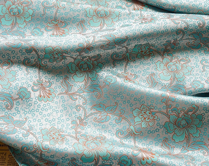 59"W Ancient Chinese ice blue flower pattern Silk Brocade, Decor, Costume, Curtain, Handbag, Upholstery, Quilting,  Sewing, drapery/ fabric