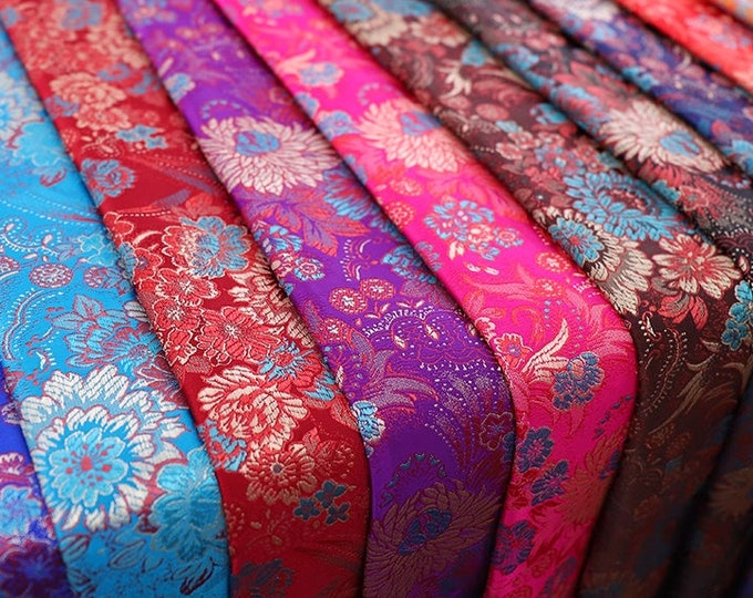 29.5"W Silk Brocade Fabric Peony Flower Design, fuchsia color, Upholstery, Decor, Costume, Curtain, Handbag, Sewing/Fabric by the meter