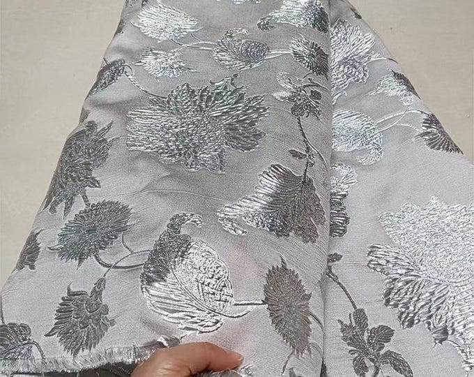 Silver Floral Jacquard Fabric – 3D Embossed Large Flower Brocade, 55"Wide