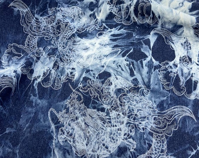 Tie-Dye Washed Cotton Denim Fabric: Distressed Blue Jean Material (67"W
