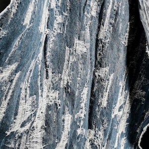 Blue Distressed Denim Jacquard Fabric: Washed Textured Design, 55&quot;W