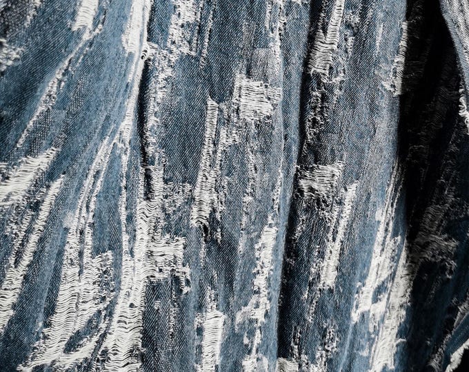 Blue Distressed Denim Jacquard Fabric: Washed Textured Design, 55"W