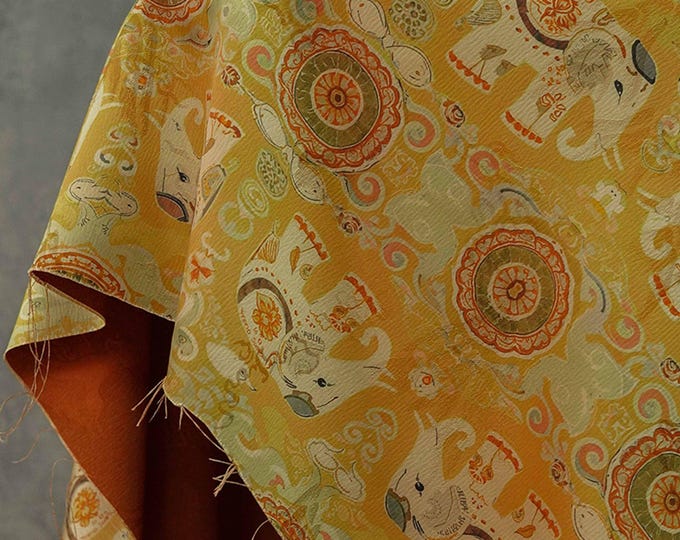 59"W Lucky Elephant Tea silk satin fabric, Digital print, dark green Upholstery, Decor, Costume, Curtain, bag, Sewing, drapery, DIY/Fabric