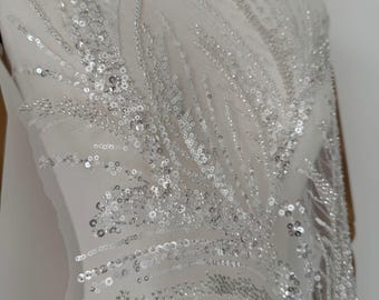 White color High-End Beaded Sequin Lace Fabric for Wedding Dresses, Full Embroidered Panel
