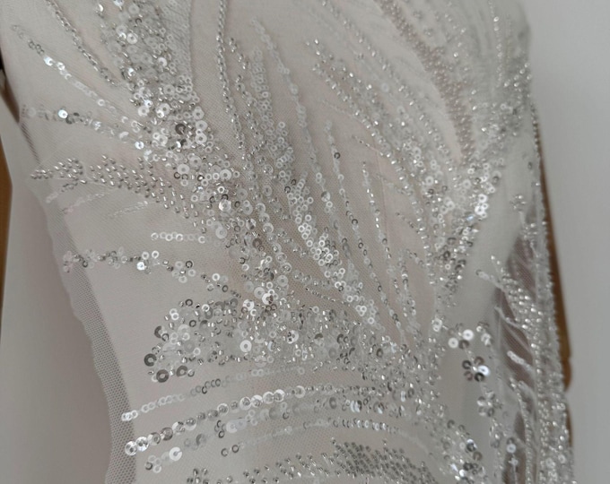 White color High-End Beaded Sequin Lace Fabric for Wedding Dresses, Full Embroidered Panel