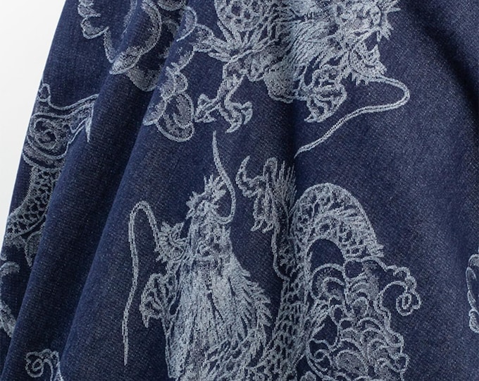 3D Dragon Jacquard Denim Fabric: 100% Cotton, Upholstery, Sewing (65")