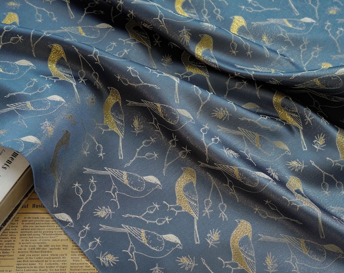 Birds Jacquard Satin Fabric - 59"W Brocade Upholstery, Quilting, sewing, bookbinding & Home Decor Material by Meter