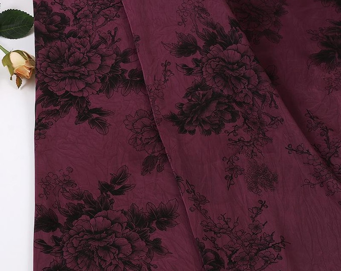 Peony Floral Satin Fabric: Dark Luxury Printed Rayon, 59" Wide