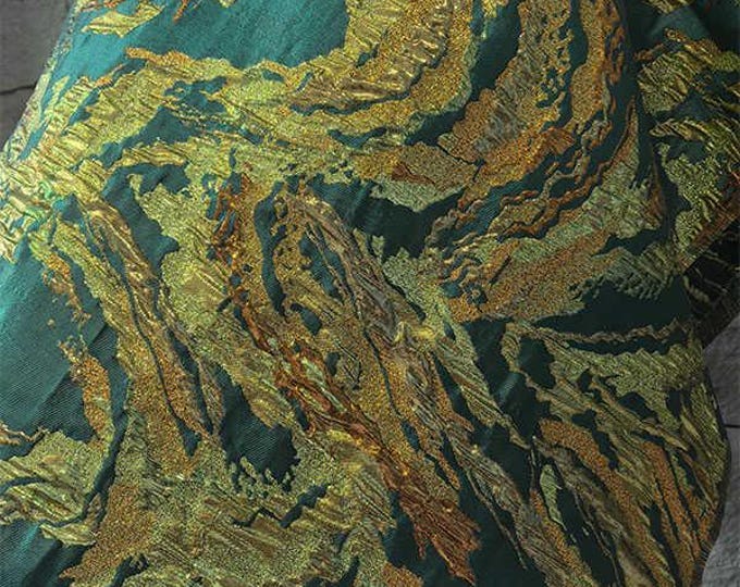 Jacquard Fabric 3D Gold thread, golden green shiny mountains, 59" W, Upholstery, Decor, Costume, Curtain, Handbag, Sewing/Fabric by 1 meter