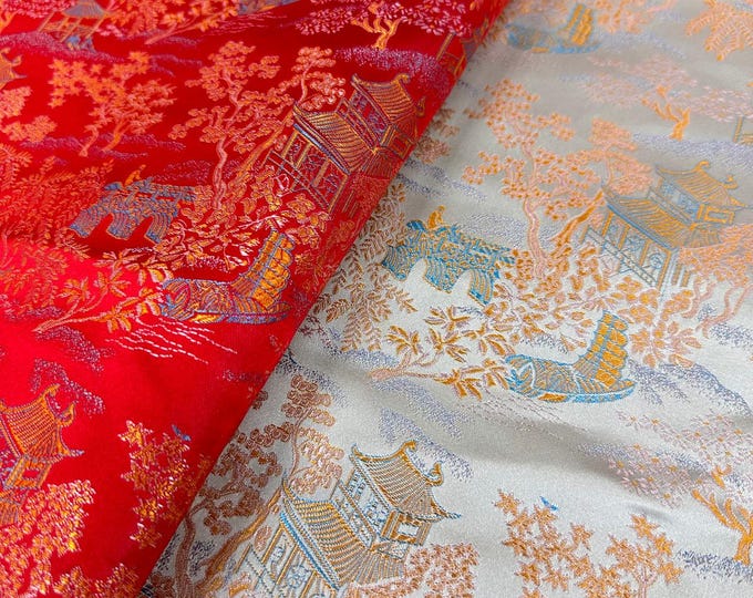 59"W Ancient Chinese Famous paintings pattern damask Brocade - 4 colors to choose By The Meter, Upholstery, Quilting and Sewing fabric,