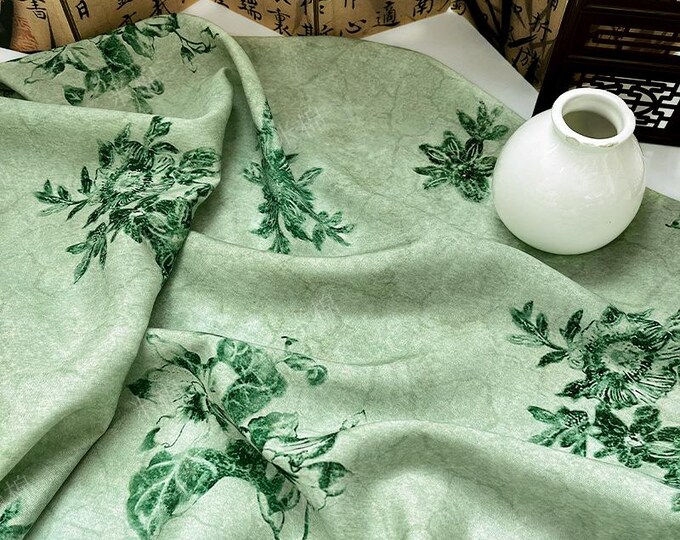 Celadon Floral Cotton Fabric – Elegant Sewing Material, 59" Wide