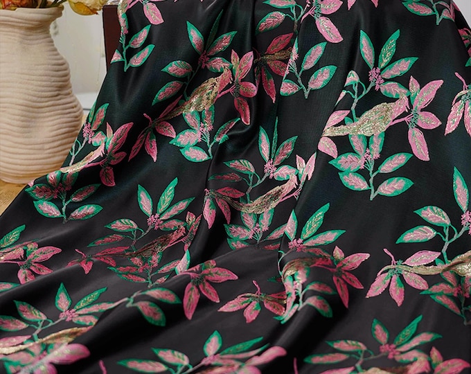 Gold thread jacquard fabric, green black 3D designer fabric, Upholstery, Prom dress, Decor, Costume & Sewing fabric, 65"W By 1 Meter on SALE
