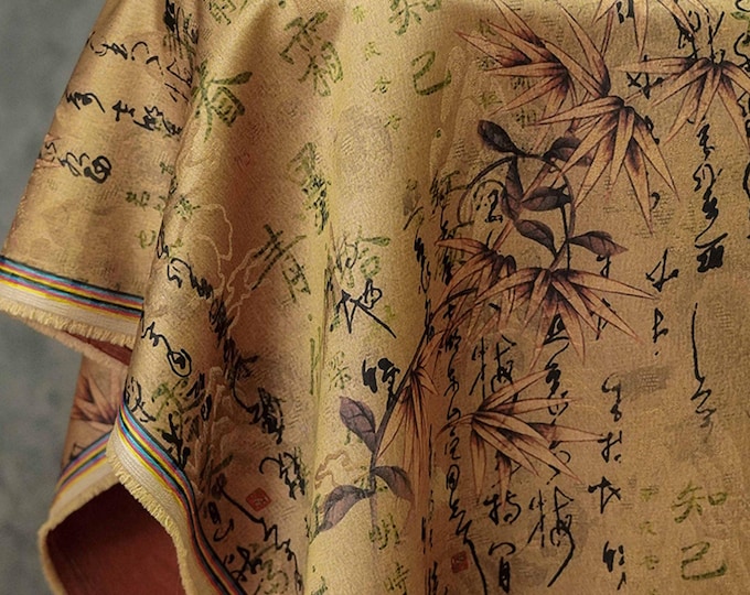 59"W Chinese ancient poetry silky satin fabric, Upholstery, Decor, Costume, Curtain, bag, Sewing, drapery, DIY, cheongsam, dress/Fabric
