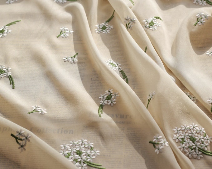 57“W Hydrangea Embroidered sheen chiffon fabric in apricot, curtain, dress, Doll Making, Upholstery, Decor, Costume/Fabric by the meter