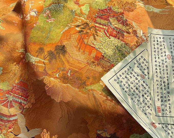 Rayon Silk Jacquard Xiangyun Fabric – Handcrafted Golden Cloud Embroidered Textile, Traditional Chinese Dress, Cheongsam, Craft Fabric, 59"W