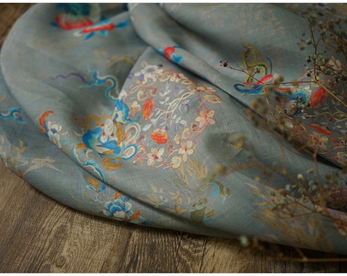 100% Ramie Fabric Dunhuang Murals For Clothing & Home Textile, 55“W, Upholstery, Costume, Curtain, bag, Sewing, Scarf/Fabric by the meter