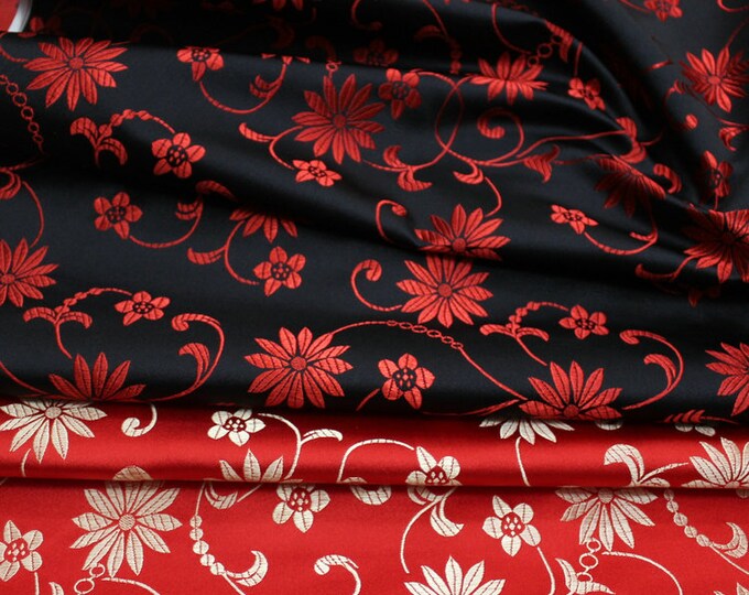 Brocade Satin Fabric With Small Floral Leaves| 9.99 Full Meter Price | 29.5" Wide | 2 Colors Red,Black Chinese Brocade